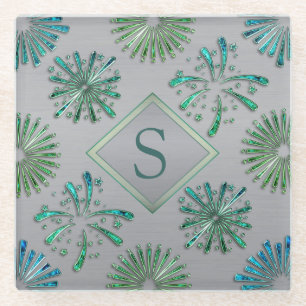 Dessous-de-verre En Verre Monogramme élégant à motif bleu-vert orné