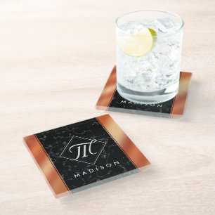 Dessous-de-verre En Verre Monogramme élégant en marbre noir et feuille de br