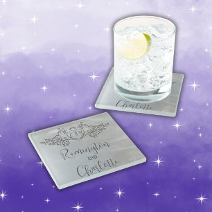 Dessous-de-verre En Verre Monogramme Elegant lilas Mère de Pearl Mariage
