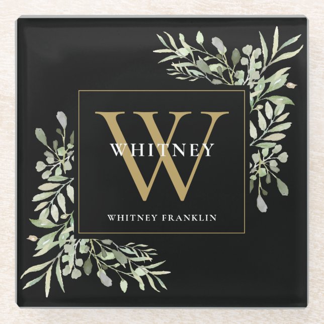 Dessous-de-verre En Verre Monogramme Élégant Verdure moderne Or noir (Devant)