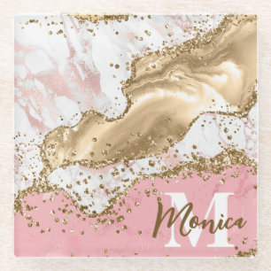 Dessous-de-verre En Verre Monogramme en agate et pierre rose et blanc avec p