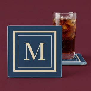 Dessous-de-verre En Verre Monogramme encadré bleu personnalisé et vanille