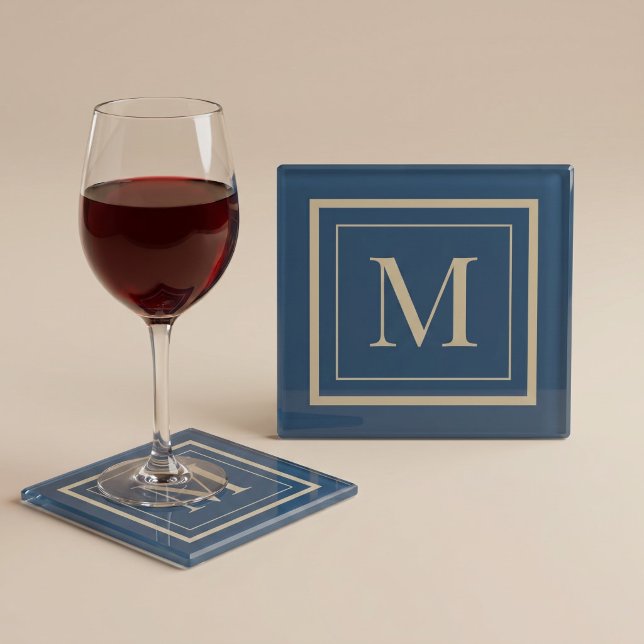 Dessous-de-verre En Verre Monogramme encadré bleu personnalisé et vanille (Créateur téléchargé)