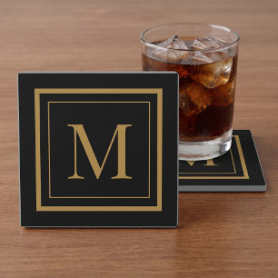 Dessous-de-verre En Verre Monogramme encadré noir et or personnalisé