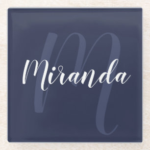 Dessous-de-verre En Verre Monogramme et nom personnalisé moderne Navy Blue