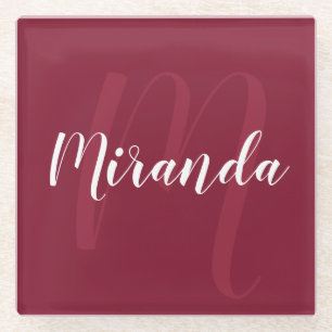Dessous-de-verre En Verre Monogramme et nom personnalisés modernes Burgundy