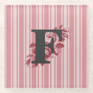 Dessous-de-verre En Verre Monogramme F initial Roses et Rayures