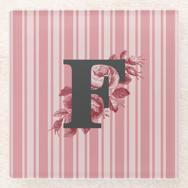 Dessous-de-verre En Verre Monogramme F initial Roses et Rayures (Devant)