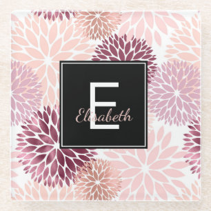 Dessous-de-verre En Verre Monogramme floral aquarelle rose et vin de Bourgog