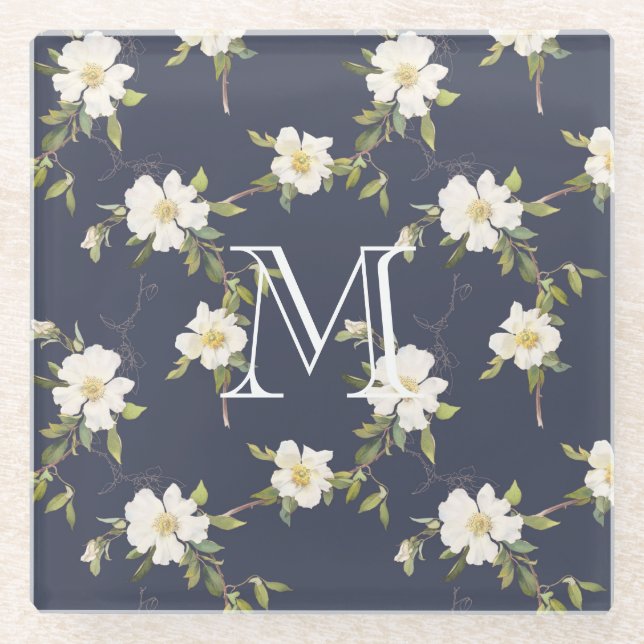 Dessous-de-verre En Verre Monogramme floral blanc bleu marine (Devant)