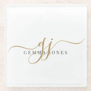 Dessous-de-verre En Verre Monogramme Gold Noir tendance Nom initial du scrip