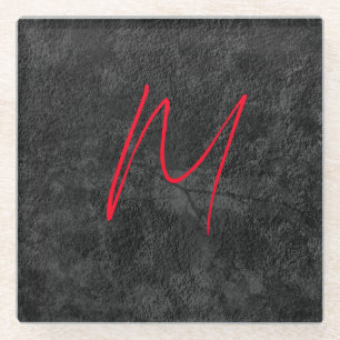 Dessous-de-verre En Verre monogramme gris unique nom rouge calligraphie init