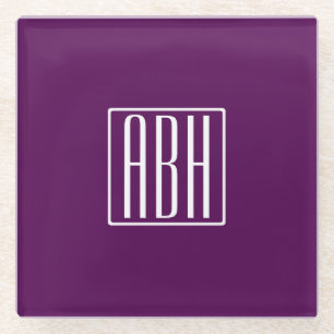 Dessous-de-verre En Verre Monogramme initial Blanc Sur Violet Profond