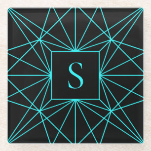 Dessous-de-verre En Verre Monogramme Initial Motif Géométrique Turquoise
