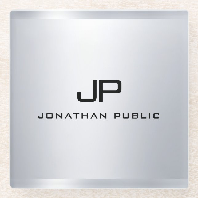 Dessous-de-verre En Verre Monogramme Métallurgique Argent Look Modèle Élégan (Devant)