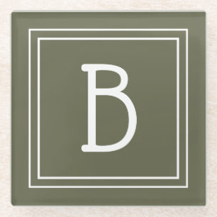 Dessous-de-verre En Verre Monogramme Moderne en Vert Mousse et Blanc Initial
