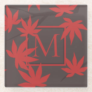 Dessous-de-verre En Verre Monogramme Moderne Feuille d'Érable Rouge Grise