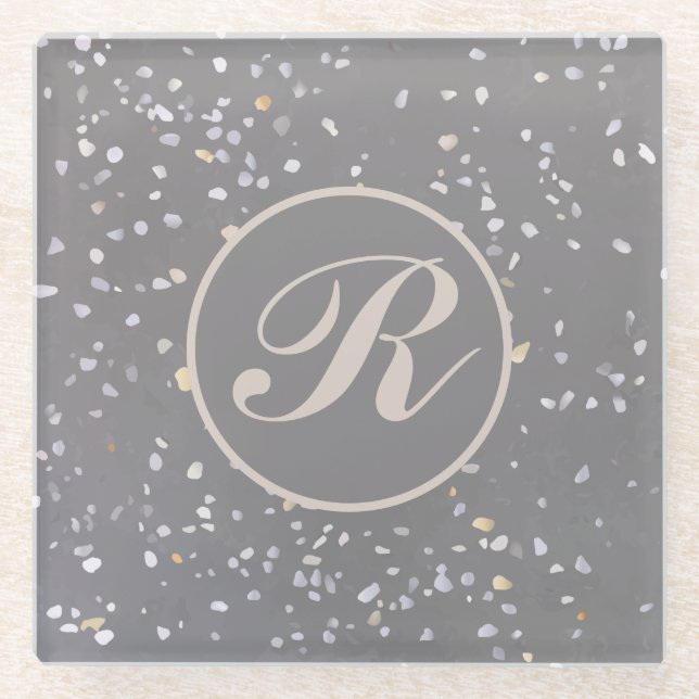 Dessous-de-verre En Verre Monogramme Moderne Gris Terrazzo (Devant)