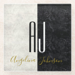 Dessous-de-verre En Verre Monogramme noir et Marbre blanc