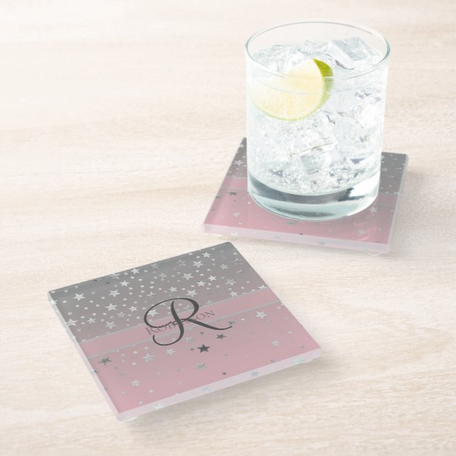Dessous-de-verre En Verre Monogramme Nom rose Grey Argent Stars tendance (Incliné)