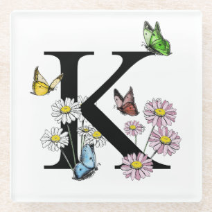 Dessous-de-verre En Verre Monogramme papillon aquarelle florale lettre K