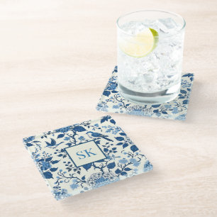 Dessous-de-verre En Verre Monogramme personnalisé Chinoiserie Chic, Hydrange