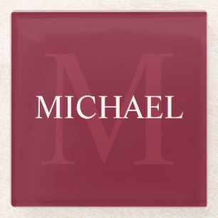Dessous-de-verre En Verre Monogramme personnalisé et nom Rouge bordeaux
