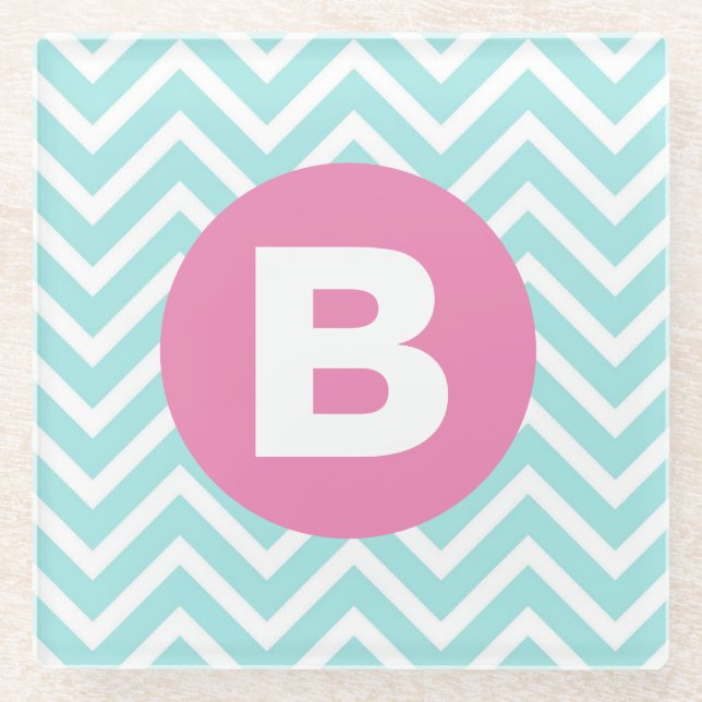 Dessous-de-verre En Verre Monogramme rose chevron bleu clair tendance (Devant)