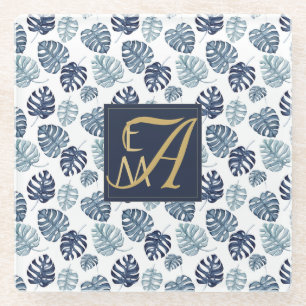 Dessous-de-verre En Verre Monogramme Tropical Palm Navy Blue Gold Mariage