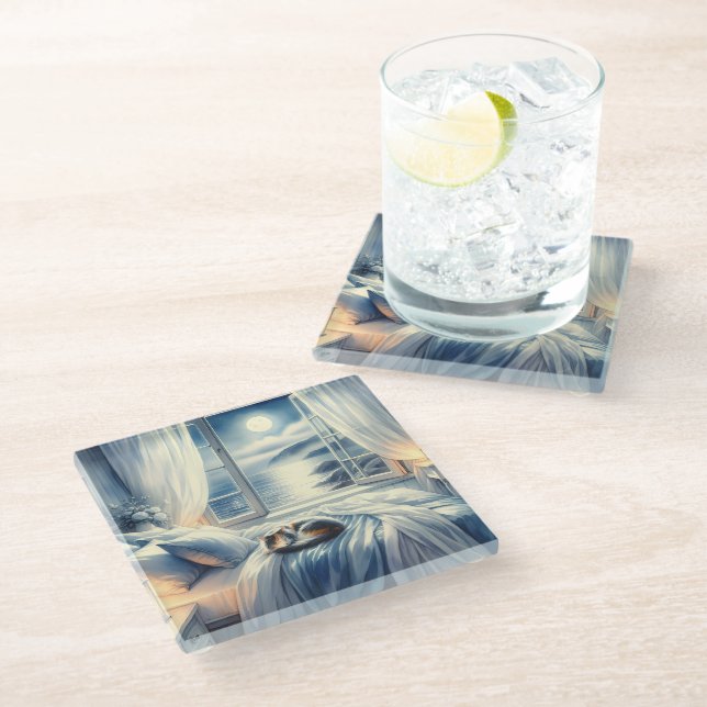 Dessous-de-verre En Verre Moonlit Coastal Bedroom with Sleeping Cat (Incliné)