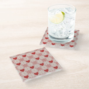 Dessous-de-verre En Verre Motif à carreaux flocon de neige rose et cœurs rou