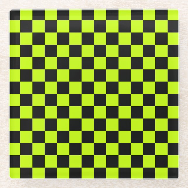 Dessous-de-verre En Verre Motif à carreaux vert acide et noir (Devant)