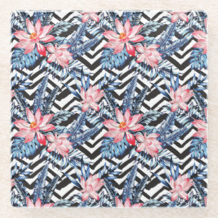 Dessous-de-verre En Verre Motif à fleurs de lotus tropicaux