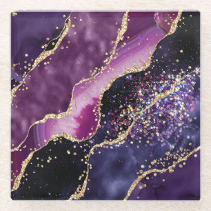 Dessous-de-verre En Verre Motif agate pailleté or, rose et violet