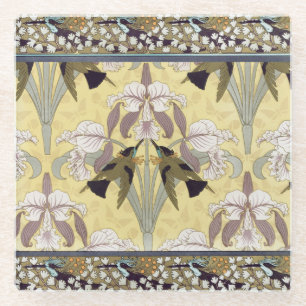 Dessous-de-verre En Verre Motif Art Nouveau d'orchidée colibri vintage
