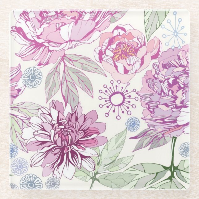 Dessous-de-verre En Verre Motif avec les fleurs roses (Devant)