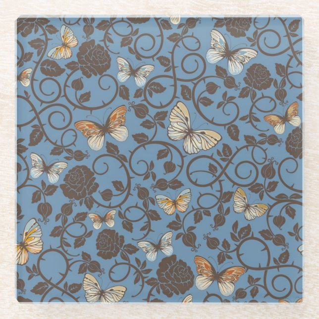 Dessous-de-verre En Verre motif avec les roses et le papillon (Devant)