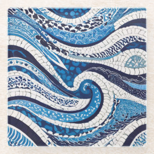 Dessous-de-verre En Verre Motif blanc bleu 05