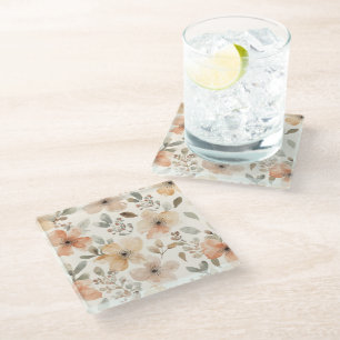 Dessous-de-verre En Verre Motif botanique floral aquarelle pêche beige