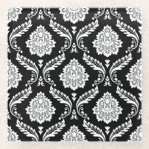 Dessous-de-verre En Verre Motif Damassé Rococo Blanc sur Noir