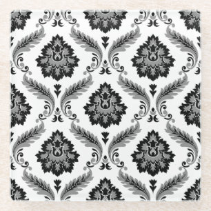 Dessous-de-verre En Verre Motif Damassé Rococo Gris Noir Blanc