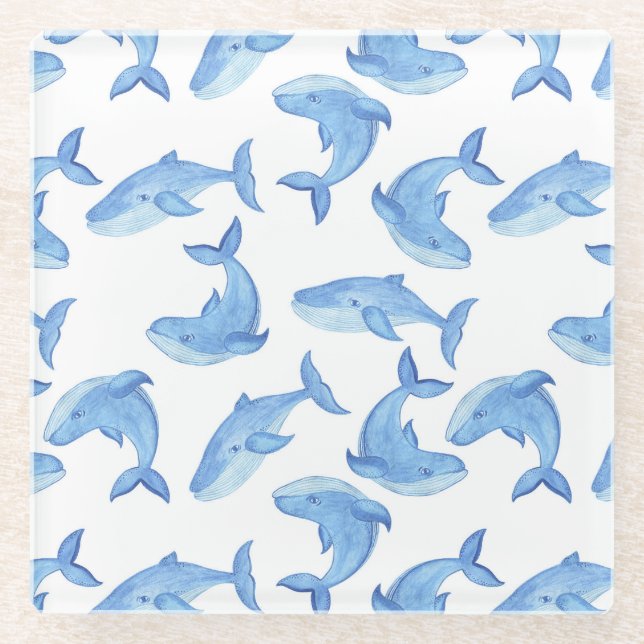 Dessous-de-verre En Verre Motif de baleine bleue d'aquarelle (Devant)