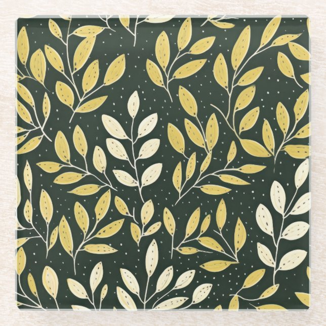 Dessous-de-verre En Verre Motif de branches feuillues jaunes et crème  (Devant)