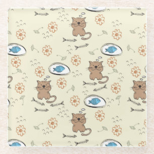 Dessous-de-verre En Verre motif de chat et de poissons