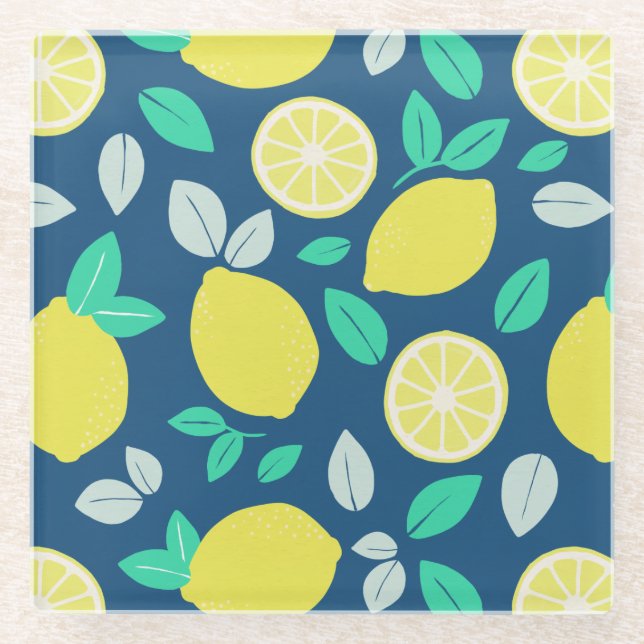 Dessous-de-verre En Verre Motif de citron d'été en bleu marine (Devant)