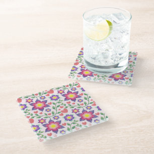 Dessous-de-verre En Verre Motif de cœurs floraux à l'aquarelle Rose romant