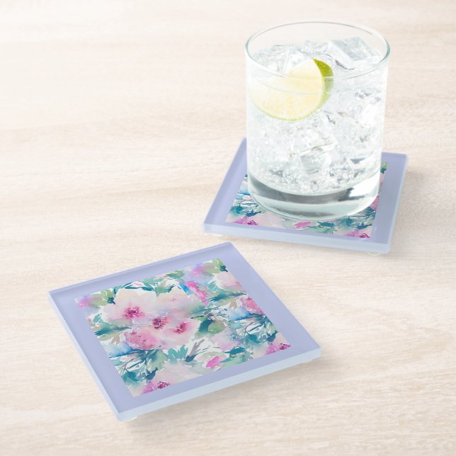 Dessous-de-verre En Verre Motif de collage de fleurs rose et bleue (Incliné)