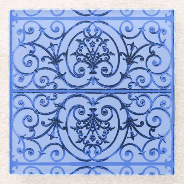 Dessous-de-verre En Verre Motif de défilement bleu (Devant)