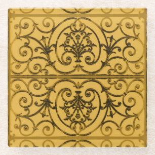 Dessous-de-verre En Verre Motif de défilement noir et or