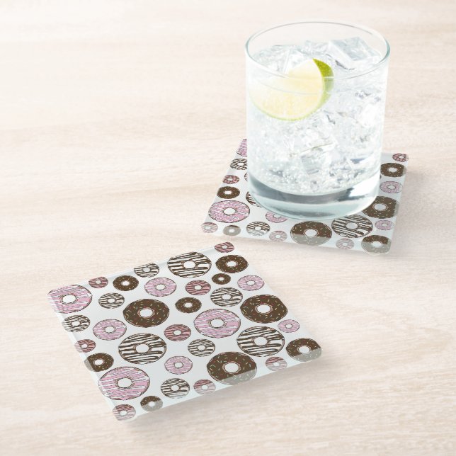 Dessous-de-verre En Verre Motif De Donuts, Donuts Roses, Donuts Brown (Incliné)